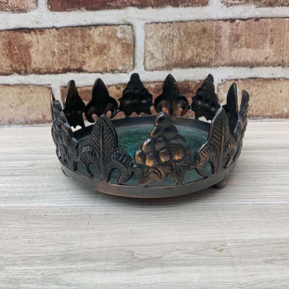 Vintage Metal Candle Holder Trinket Dish Grape Leaf India Ornate Design‎